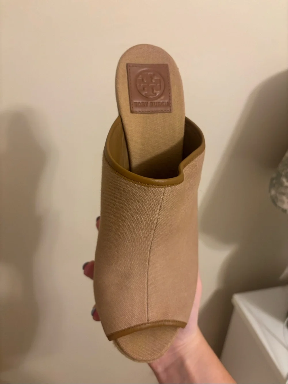 Tory Burch open toe tan brown canvas wedges
